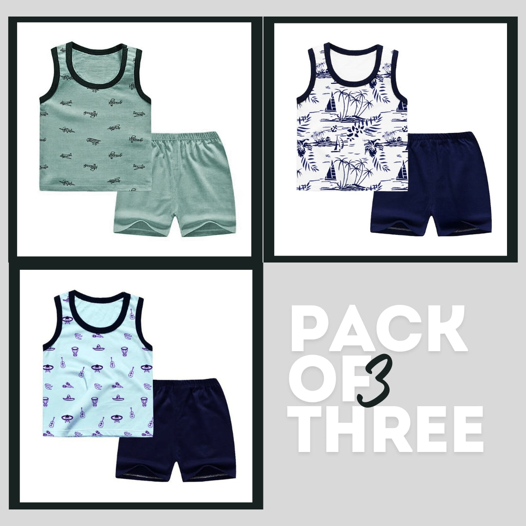 All Over Printed Sandos & Shorts For Kids Pack Of 3 - Ruku Garments